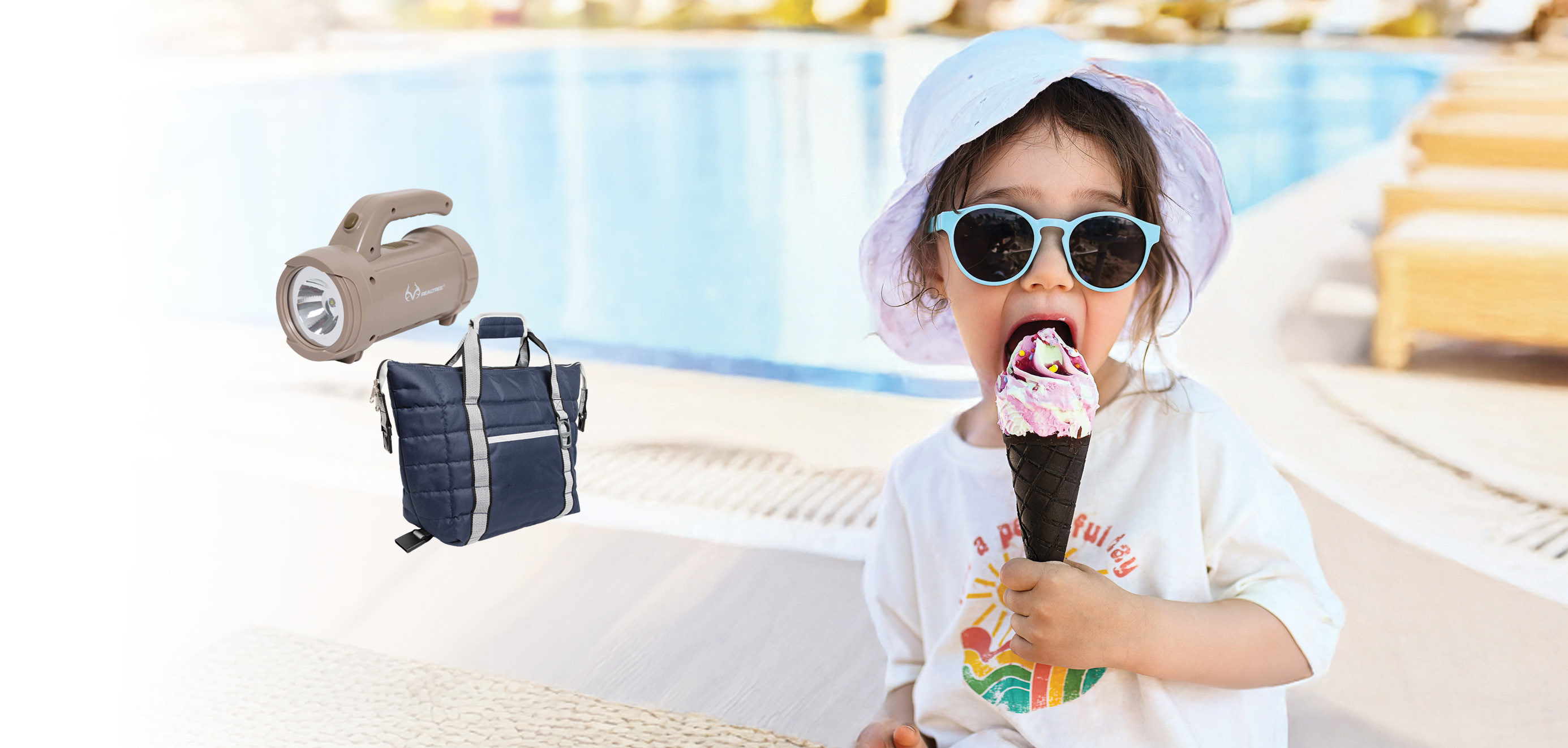 Graphic of a girl eating ice cream by a pool with a picture of a cooler and lantern next to her.