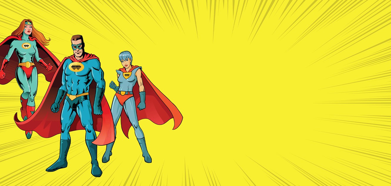 yellow background with three superheroes. One male and two females. 