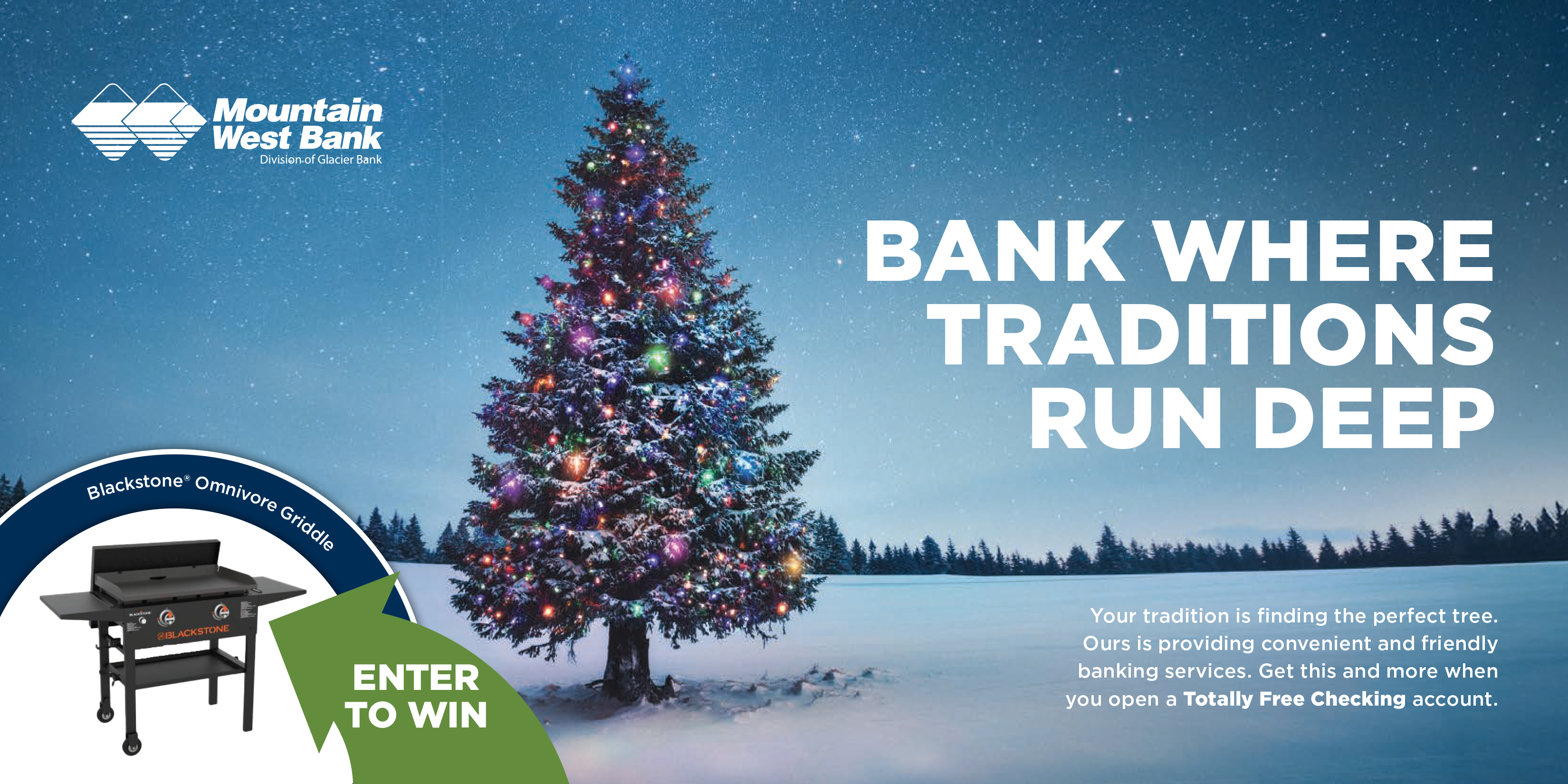 Picture of a tree with winter landscape and grill on the bottom left side. 